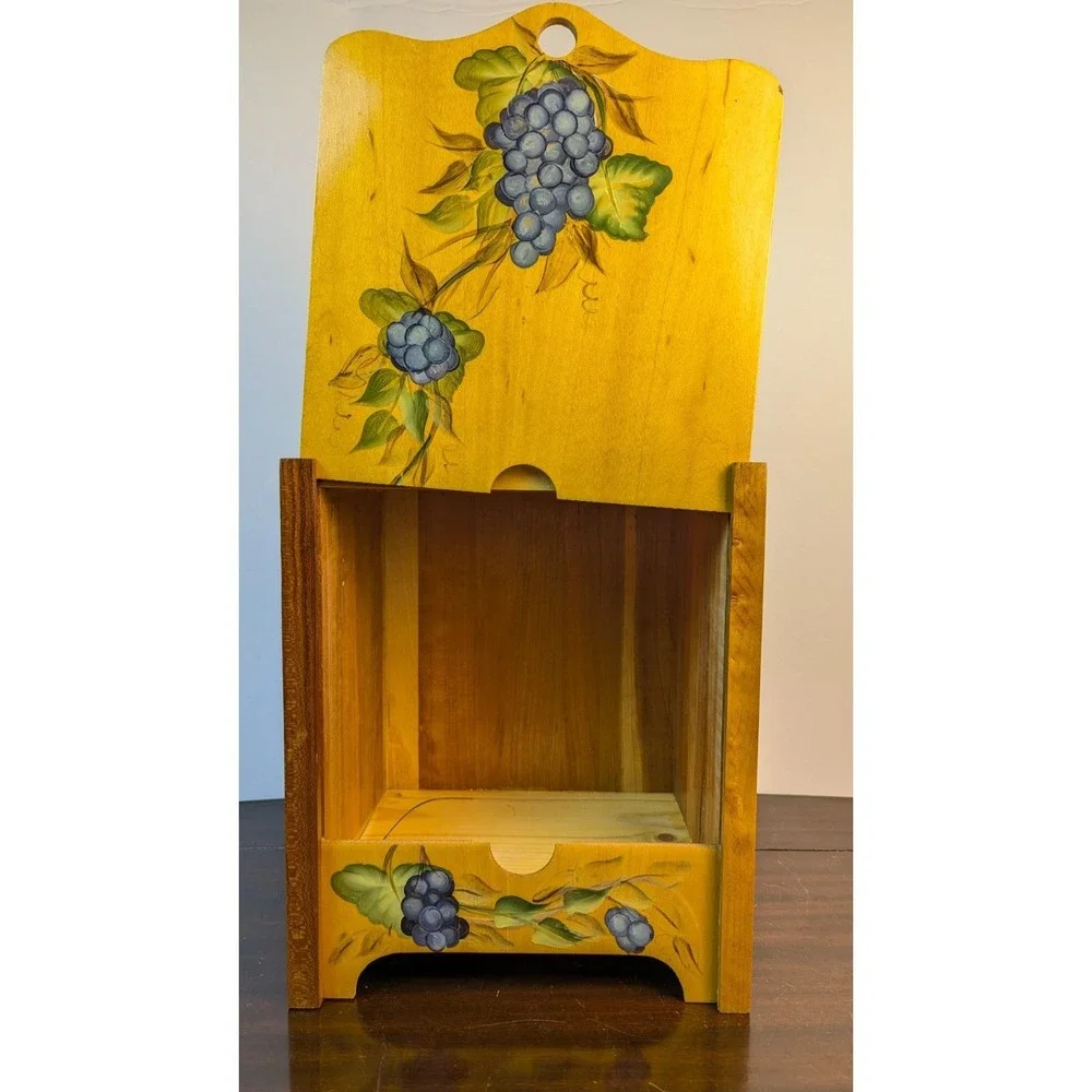 Hand Painted Wooden Storage Recipe Box Mail Organizer Grape Vine Kitchen Decor